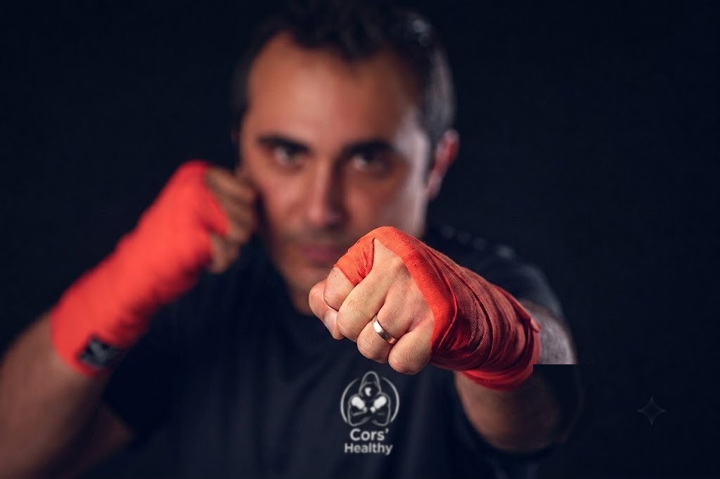 Mickaël, coach Cors'Healthy, en garde, les poings bandés